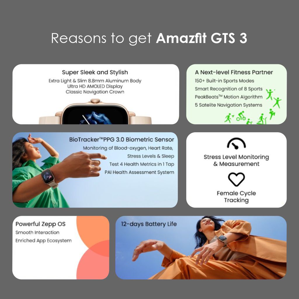 Amazfit GTS 3 Fashion SmartwatchSports Watch Garansi Resmi Smart Watch Sports watch with 1.75&quot; Amoled screen, 150+ sports modes, GPS, 5 ATM Waterproof, Fitness Watch with Heart Rate, SpO2, Sleep, Stress, Female Cycle Monitoring- T