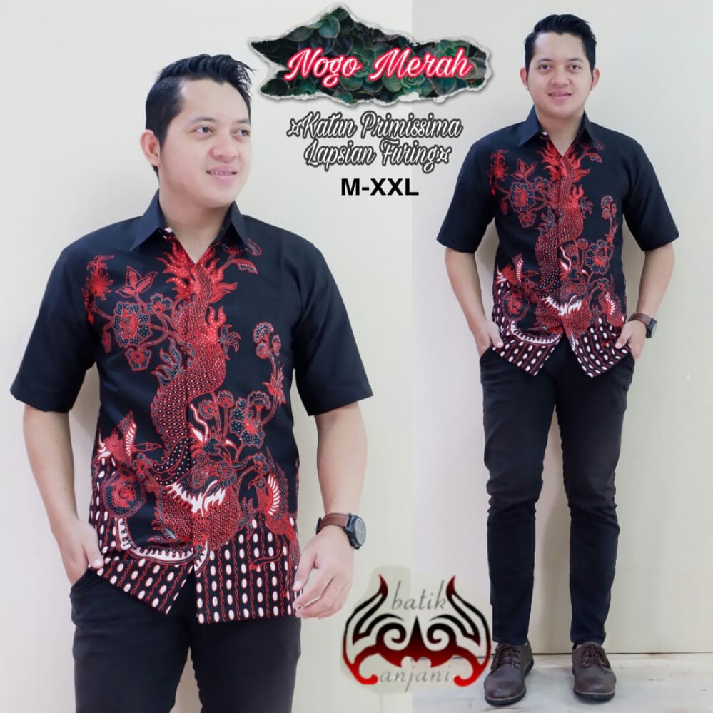 NOGO MERAH Kemeja Batik Pria Lengan Pendek Katun Halus FULL FURING Batik Anjani