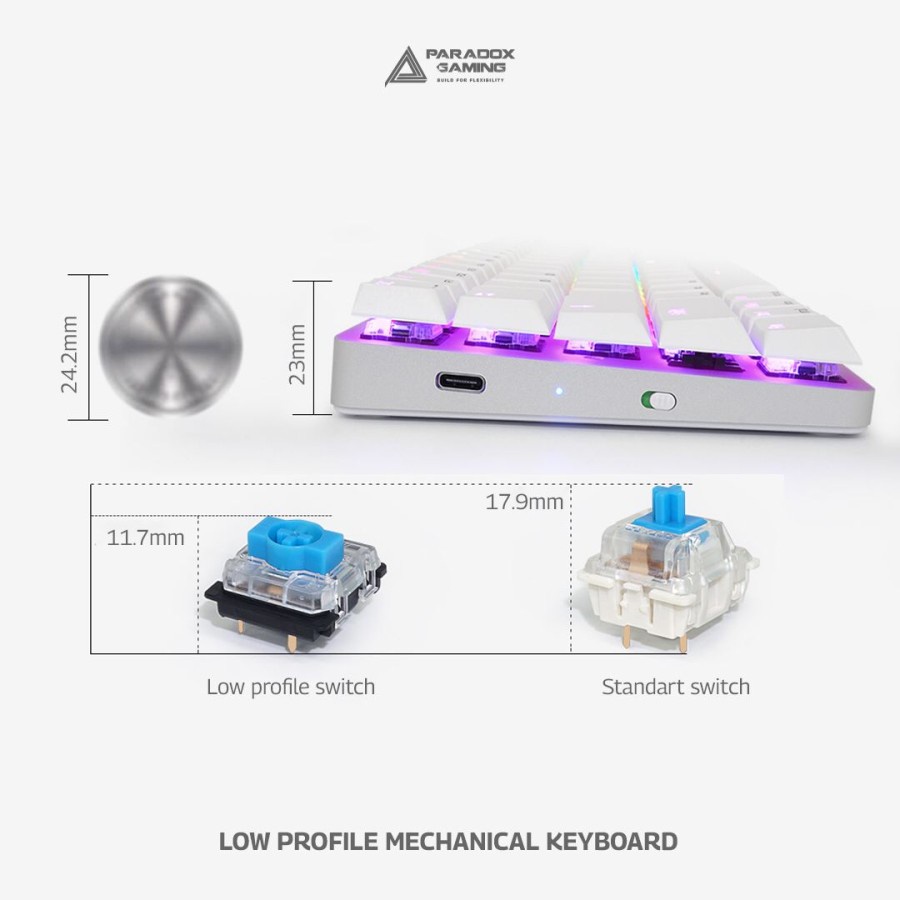 Paradox Gaming ZX68 White LowProfile Hotswap Bluetooth Gaming Keyboard