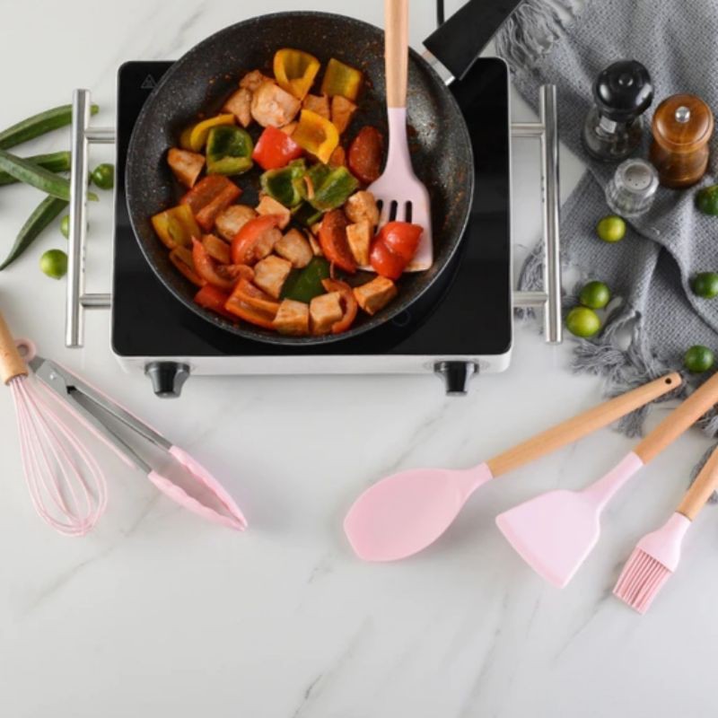 12pcs Spatula Set Alat Masak Dapur Sutil Pegangan Kayu Kitchen Utensil Silikon Non Stick
