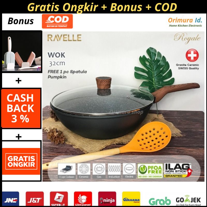 Super Promo Panci Granite - Ravelle Wok Pan With Lid  32 Cm