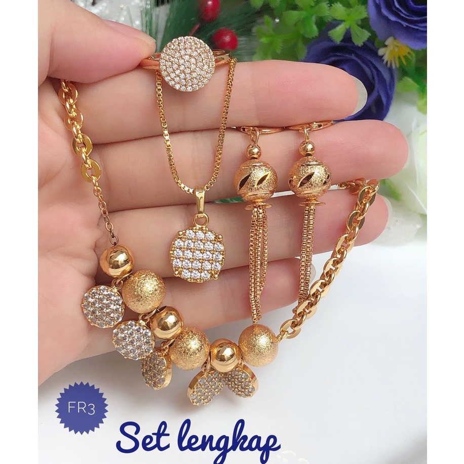 (MEI) TERMURAH Set Perhiasan Xuping Lapis Emas Gelang Rantai Bola Bola Kalung Liontin Anting Cincin 