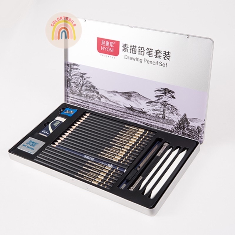 

Nyoni Sketch Drawing Pencil Tin Case Box Set 29 Pensil Lukis Sketsa