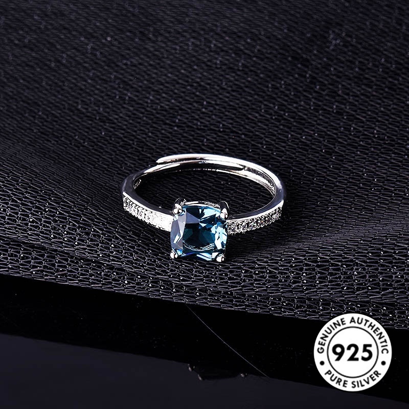 Cincin Sterling Silver 925 Dengan Berlian Imitasi Bentuk Kotak Warna Biru Untuk Wanita