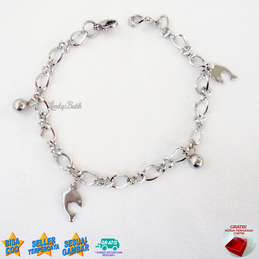 Lovelybutik - Gelang Titanium Asli  Anti Luntur Rik4 Dolphin Gelang Tangan Wanita Rantai Ukuran 18 cm BONUS KOTAK PERHIASAN