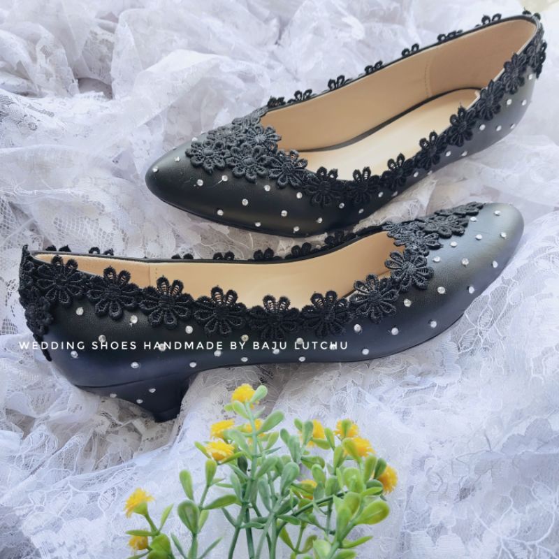 Sepatu Wanita Pantofel renda korea hitam blink hak 3cm
