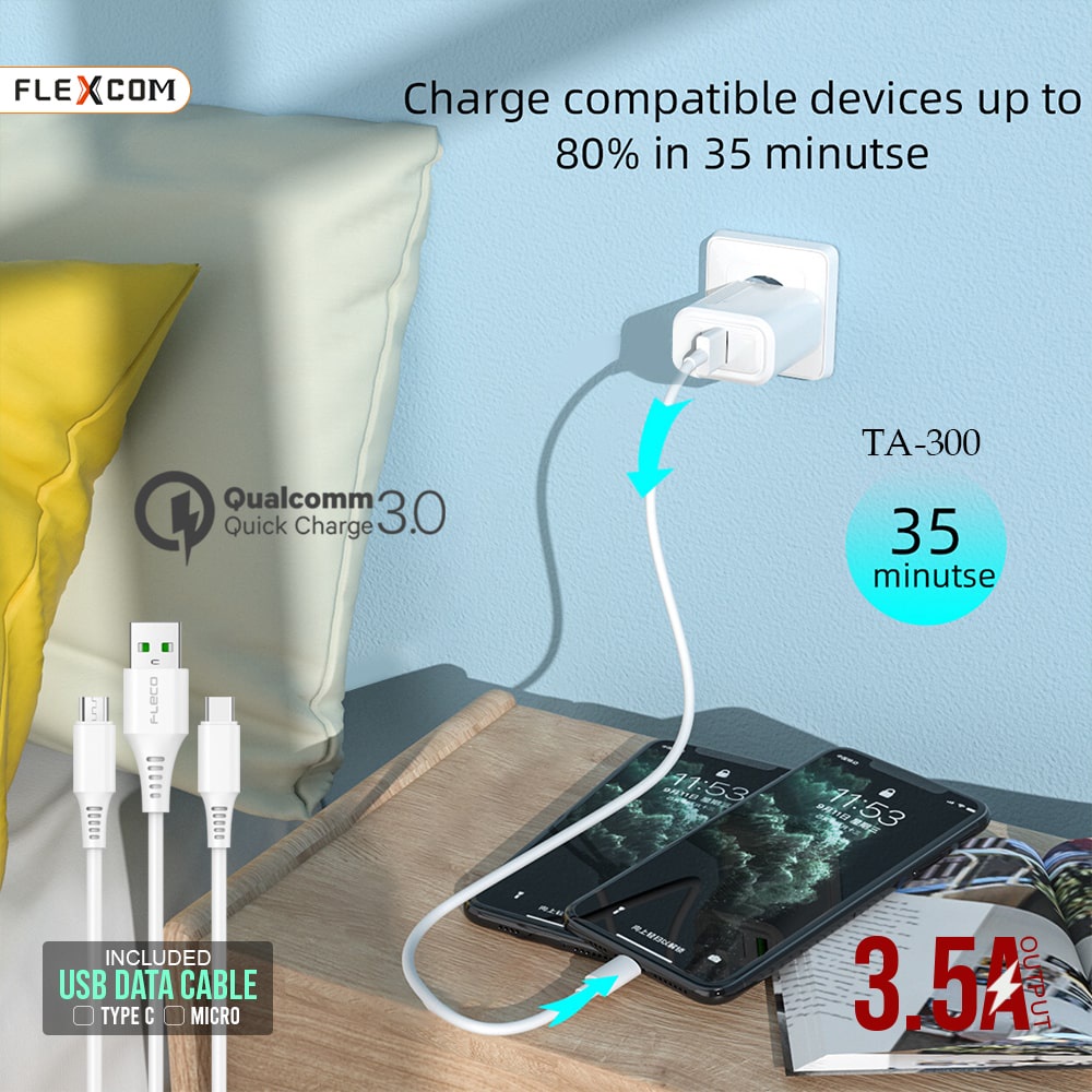 Charger FLECO TA-300 Colokan USB 1 Port Qualcomm QC3.0 Fast Charging Cas Kabel Micro Type c