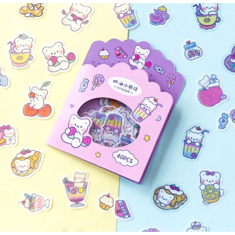 

ChuKuKi 40 pcs Stiker kertas selotip washi dan PVC motif beruang lucu