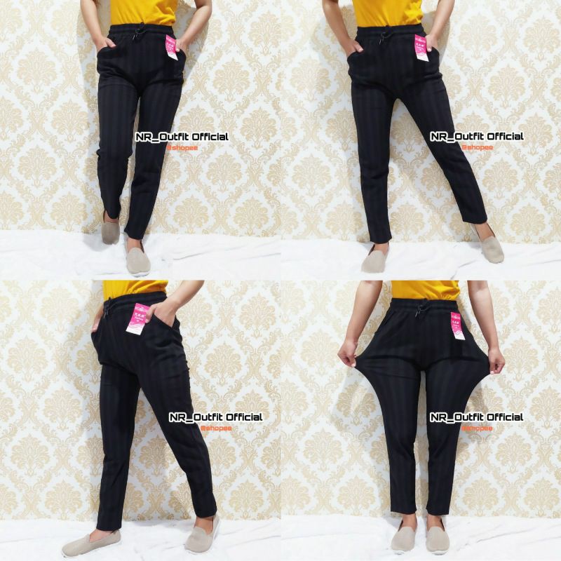 Celana Baggy Pants Wanita Motif Kotak-Kotak &amp; Salur Import Bahan Stretch Melar Fit To 3XL-4XL