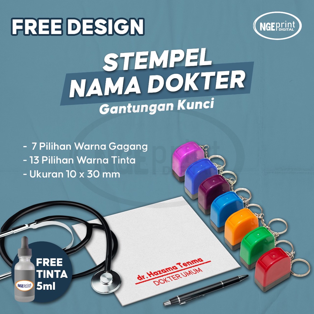 

Stempel Nama Dokter [3 cm x 1 cm] / Stempel Nama Perawat / Stempel Nama Apoteker bentuk Gantungan Kunci ukuran 30x10 mm variasi Warna Murah