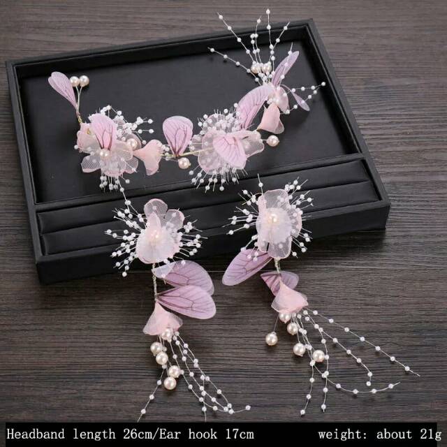 Sweet pink flower pearl headband set earrings