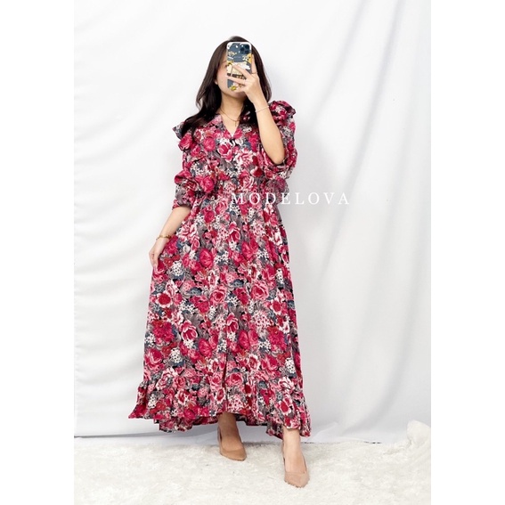 MDLV~31170 RED ROSE MAXI /LONG DRESS IMPORT GAMIS IMPORT FASHION IMPORT WANITA