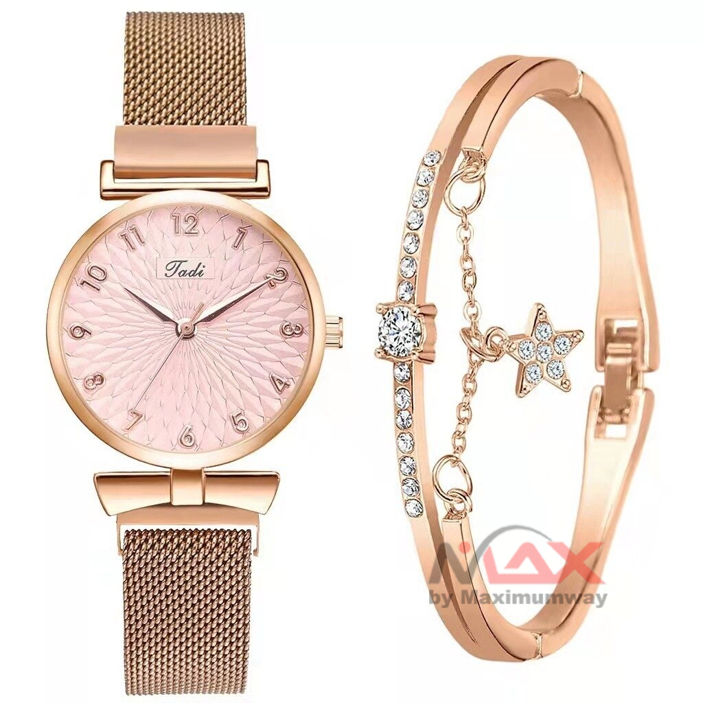 TADI Jam Tangan Wanita Bonus Gelang Premium Rantai Stainless Steel with Bracelet anti karat tahan lama 2022 Luxury Women Bracelet Quartz Watches For Women Magnetic Watch Set Ladies Dress Pink Dial Wrist Watch Clock Fashion Women Watches Luxury Leather