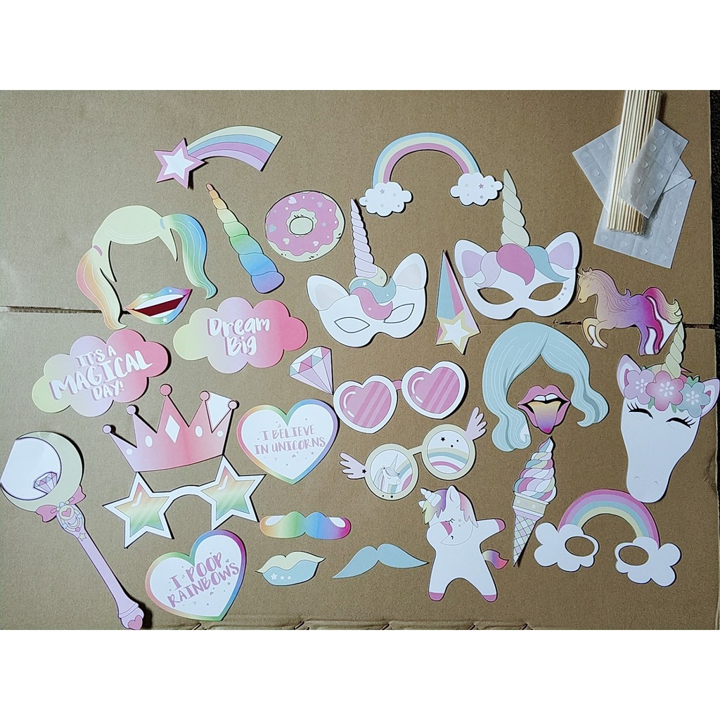 Kertas Unicorn Set 29 Pcs Properti Foto Pesta Model Unicorn Foto Karakter Unicorn Fotoboth