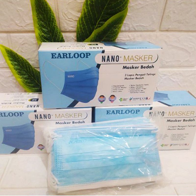 Masker Medis Nano isi 50 pcs 3 ply Earloop dan masker hijab Warna Biru Standard Kemenkes