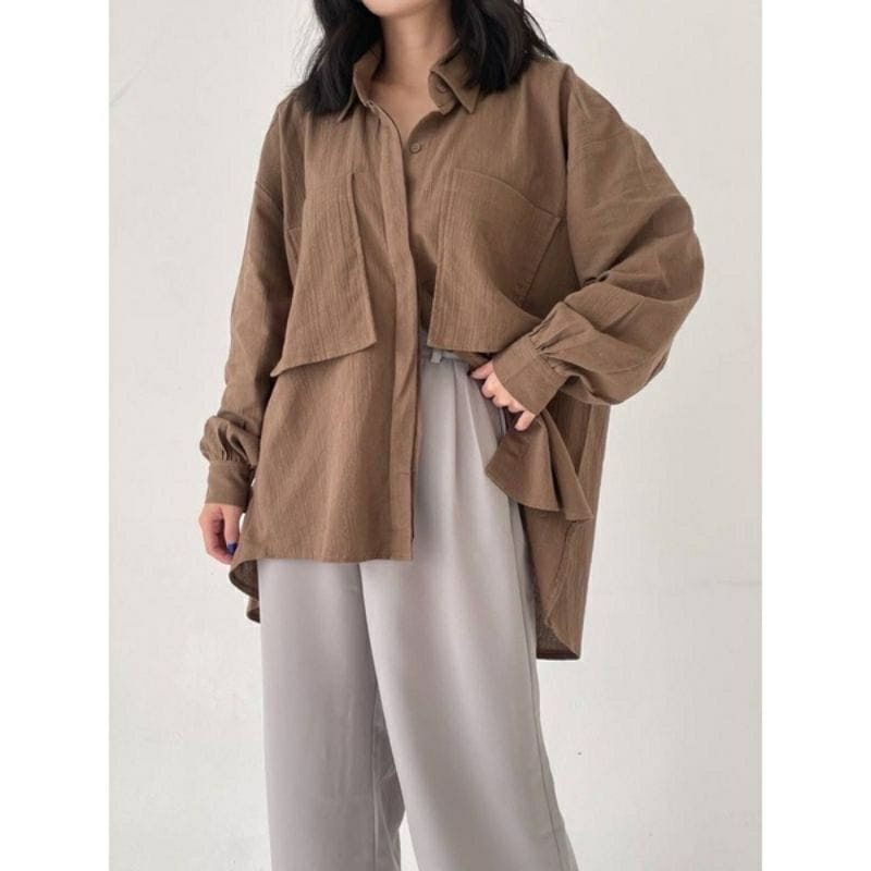 Kemeja Oversize Linen Wanita - Linen Crinkle Shirt - Atasan Wanita Lengan Panjang 9902