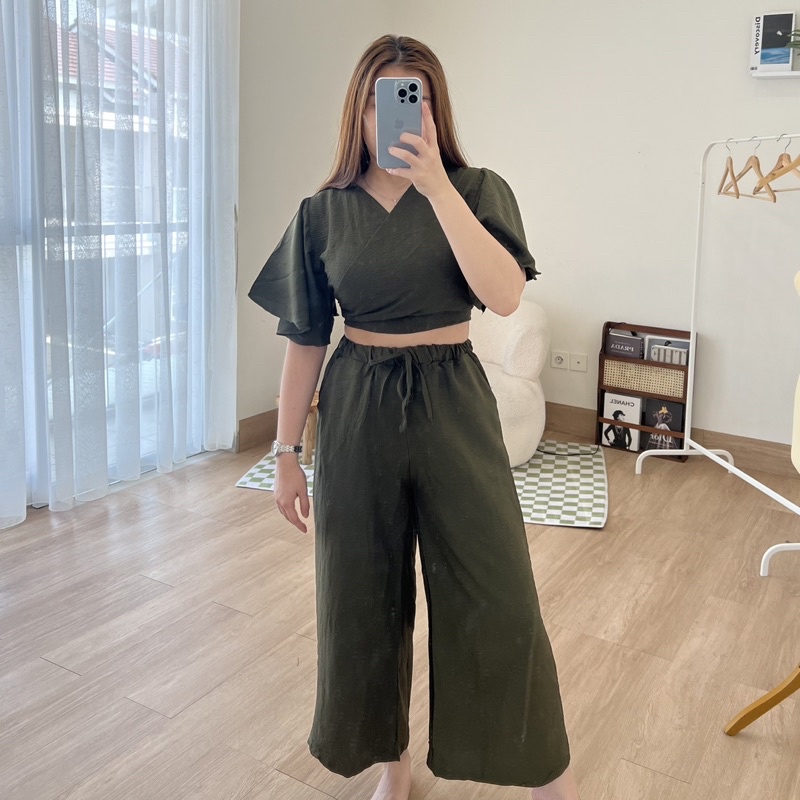 Linen Crop Set Panjang Wanita