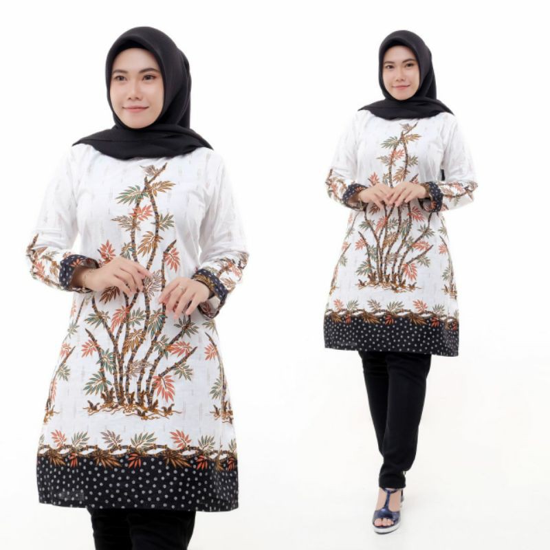DRESS BATIK WANITA CEWEK TUNIK BATIK MOTIF POHON BAMBU WARNA PUTIH M L XL XXL FORMAL KERJA KANTOR