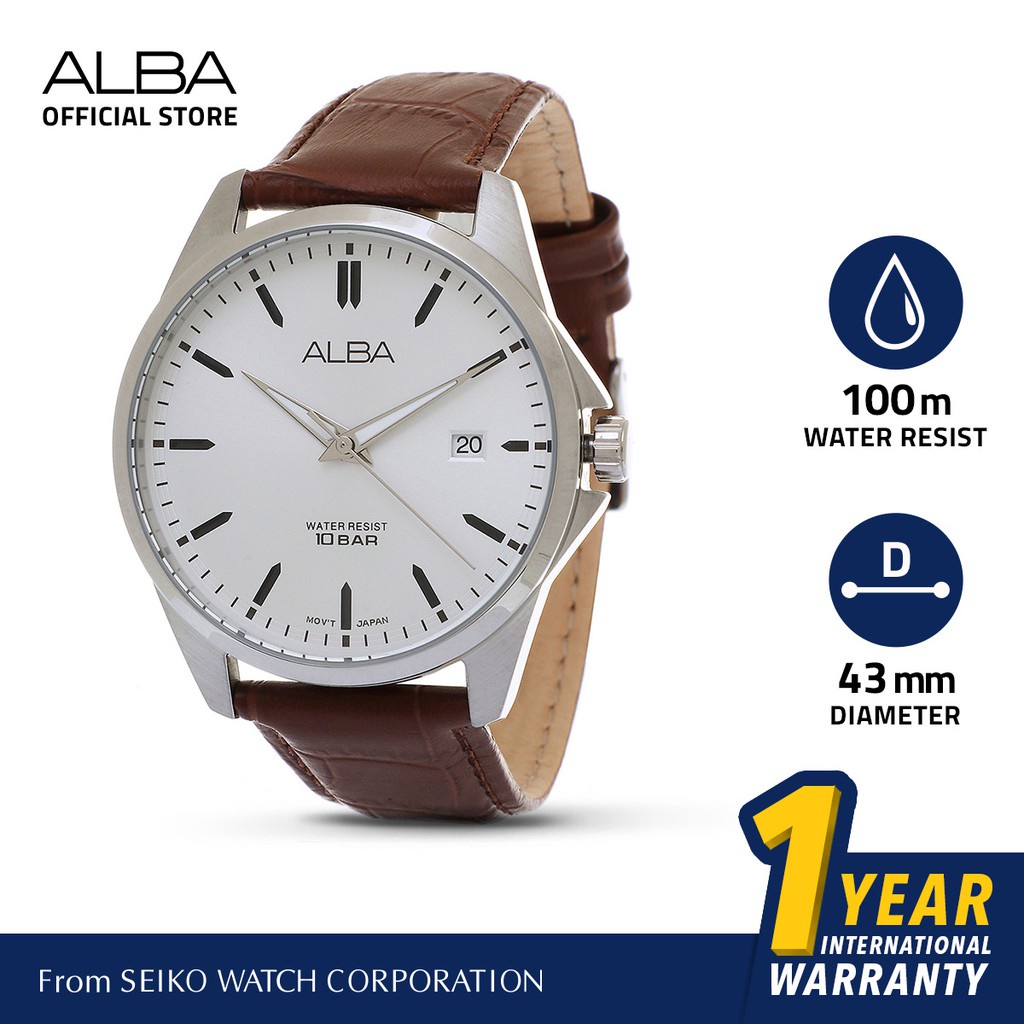 Alba Fashion Jam Tangan Pria AS9J77 / AS9J77X1 Quartz Silver White Dial Brown Genuine Leather Strap 