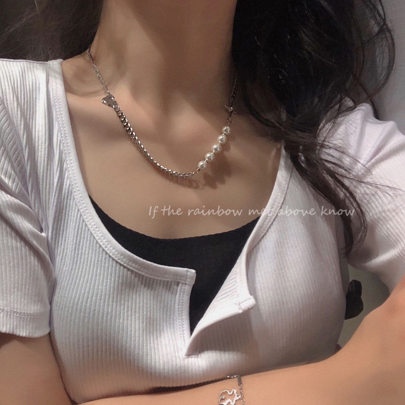 Kalung Rantai Klavikula Hias Mutiara Gaya Hip Hop Untuk Wanita