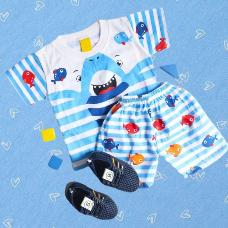 PROMO Baby Shark setelan anak laki-laki balita murah dan nyaman / stelan bayi motif kombinasi / Baju
