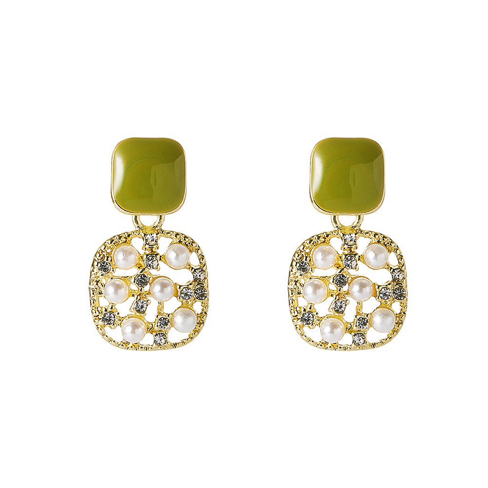 Anting Liontin Mutiara Persegi Mewah Ringan Prancis Anting-anting Wanita Hijau Zamrud Antik Kelas Atas-green