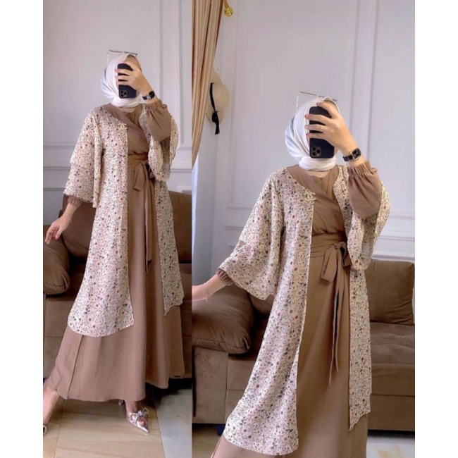 Nadiva One Set Wanita Outer Crinkle Airflow Kombi Ceruty Babydoll Premium Setelan Baju Lengan Tumpuk Karet Set Muslim Kekinian LD 108 cm