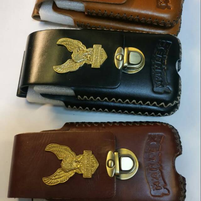 Sarung HP pinggang Vertikal logo isi 2 HP Kulit asli