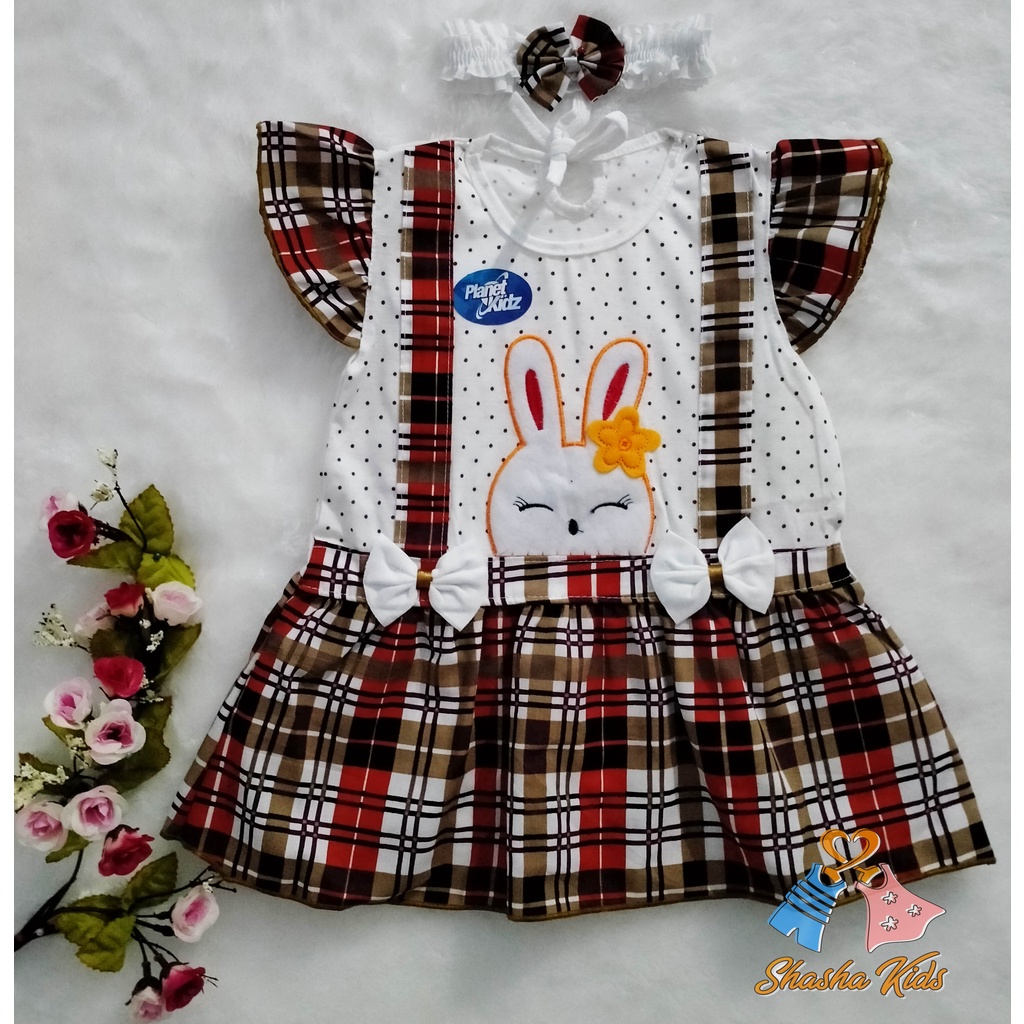 [S-016] Baju Bayi Perempuan/Dress Bayi  Perempuan Planet Kids Kelinci lucu  Murah   0-6 bln Bonus BANDANA