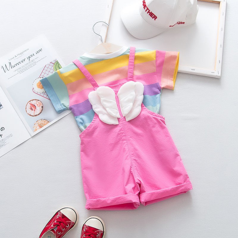 KF Cat Setelan anak perempuan jumpsuit+kaos garis garis lengan pendek sayap malaikat set anak cewek import-4