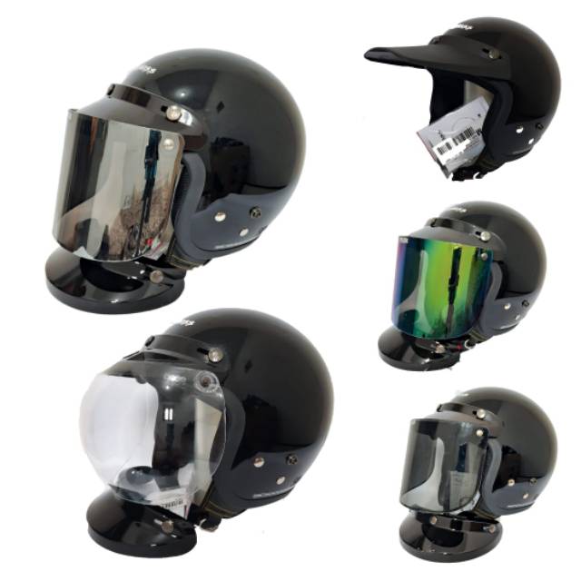 Helm Cargloss Retro Hitam Glossy set Kaca Flat Datar Kaca Cembung