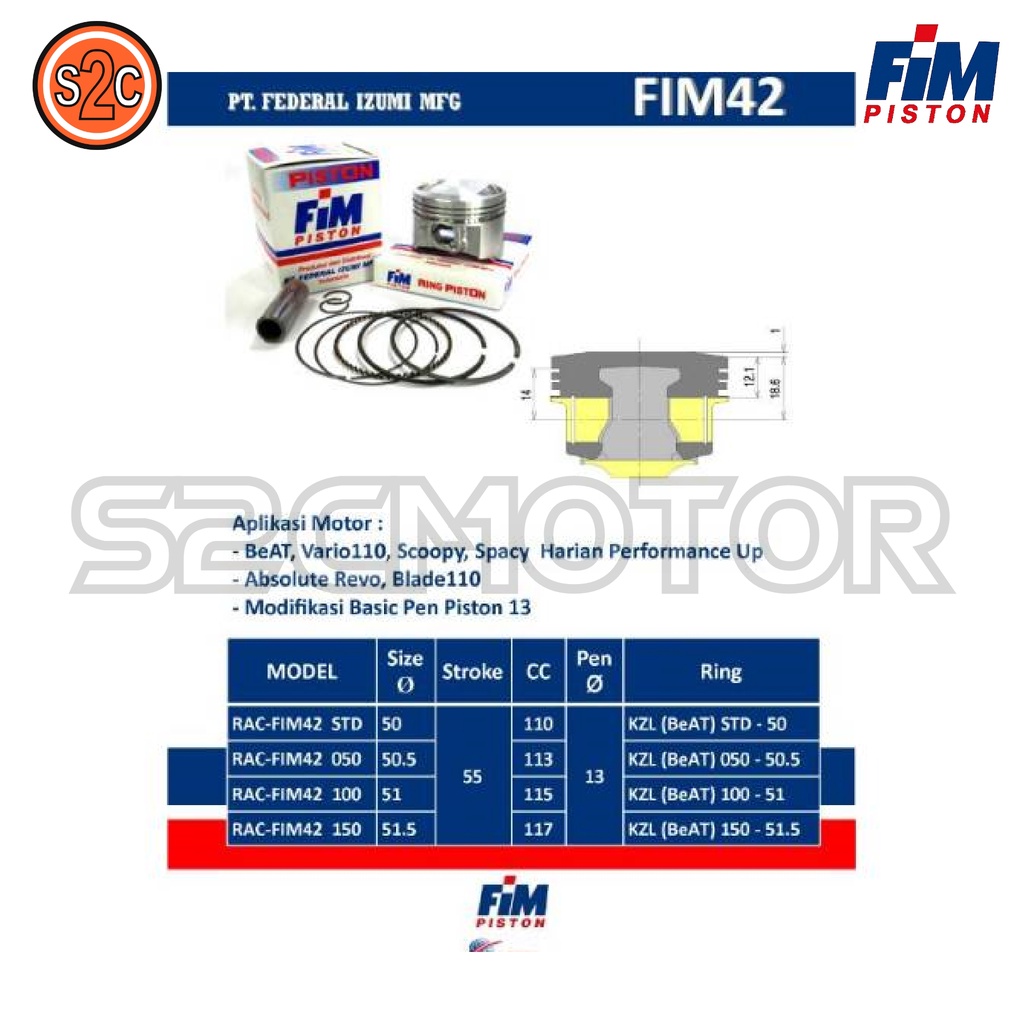 PISTON KIT BEAT VARIO BLADE SCOOPY SPACY FIM42 PIN 13 FIM 42-4