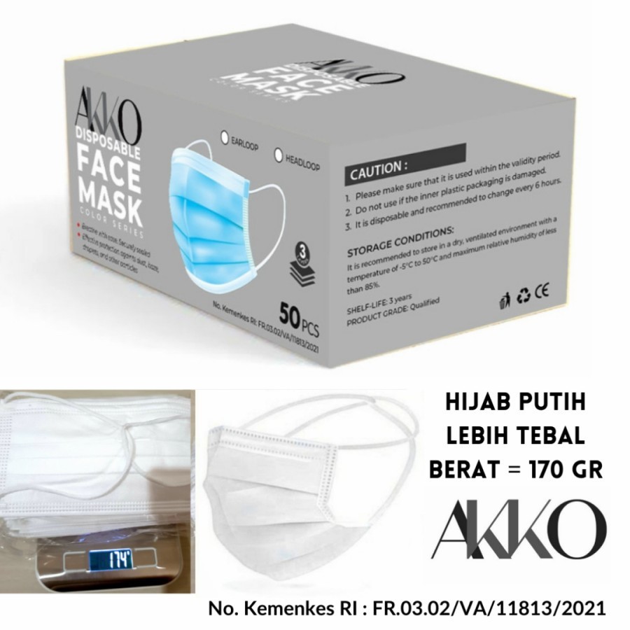 MASKER HIJAB PUTIH PREMIUM 3PLY TEBAL AKKO ORIGINAL KEMENKES