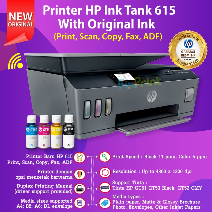 Printer HP Smart Ink Tank 615 WiFi Print Scan Copy Fax ADF Wireless