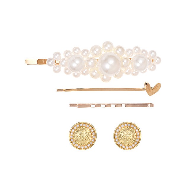 LRC Perhiasan Set Gold Alloy Pearl Love Geometry Heyi Set 5 Piece Set F71360