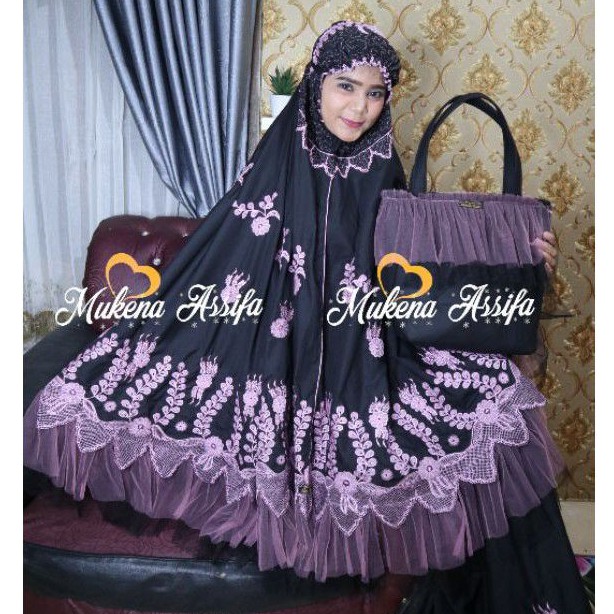 Mukena Bordir Tille Exclusive Handmade | Black Pink | Mukena Mahar Seserahan