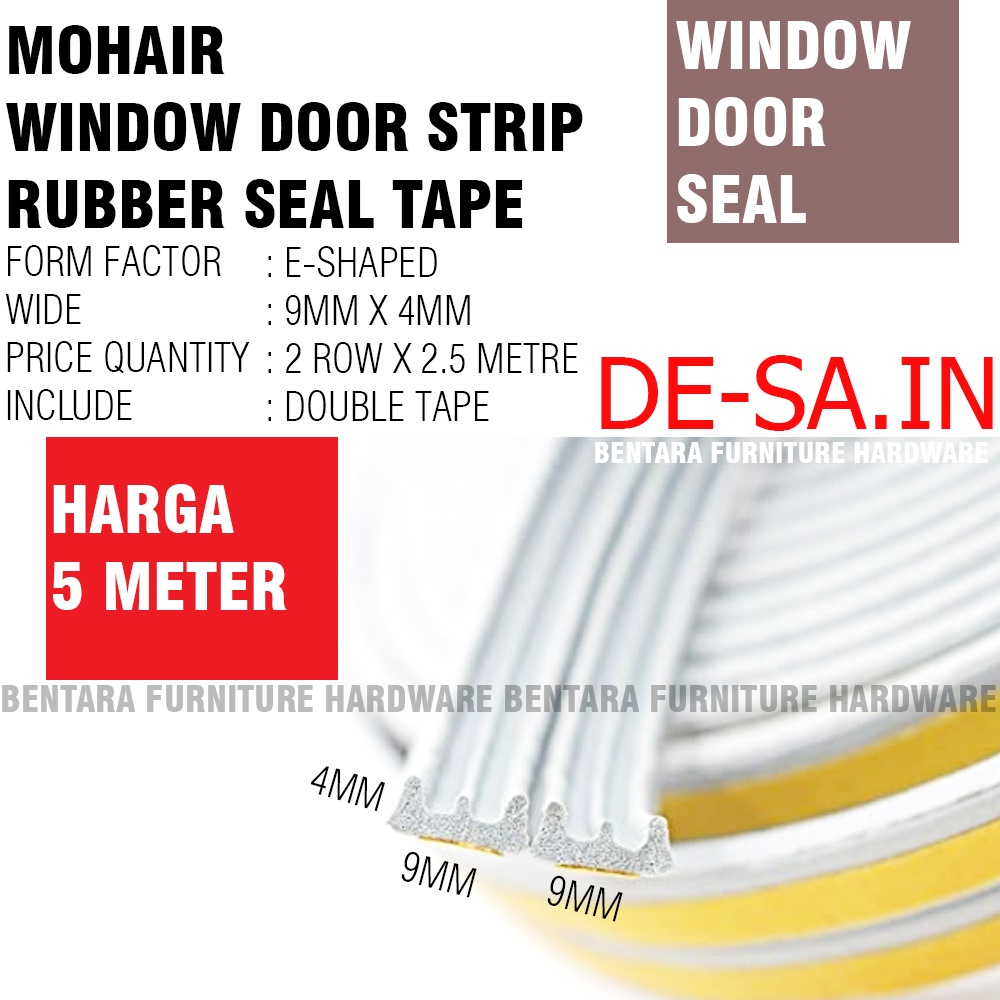 5 METER TIPE-E Moher Window Door Seal Strip PUTIH WHITE Mohair Karet Double Tape Self Adhesive Celah EPDM FOAM RUBBER Pintu Jendela