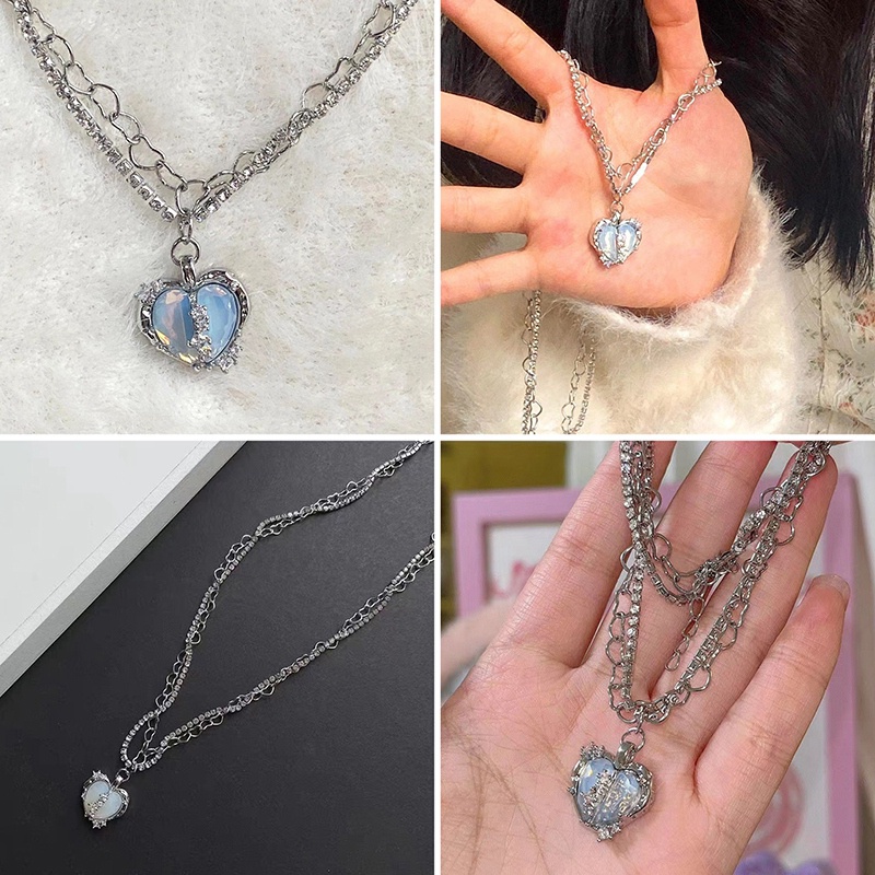 Kalung Rantai Klavikula Hias Liontin Hati Kristal Bahan Cubic Zirconia