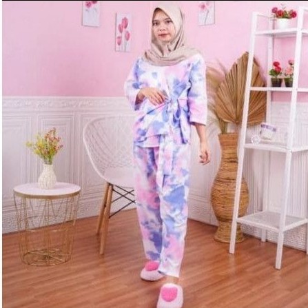 set kimono piyama tie dye wanita