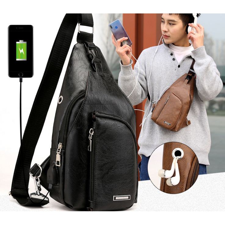 Tas Selempang slempang Pria Kulit Import USB Port