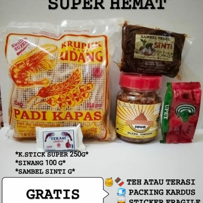 

MURAH PAKET HEMAT Kerupuk stick udang padi kapas siwang terasi bawang sambel