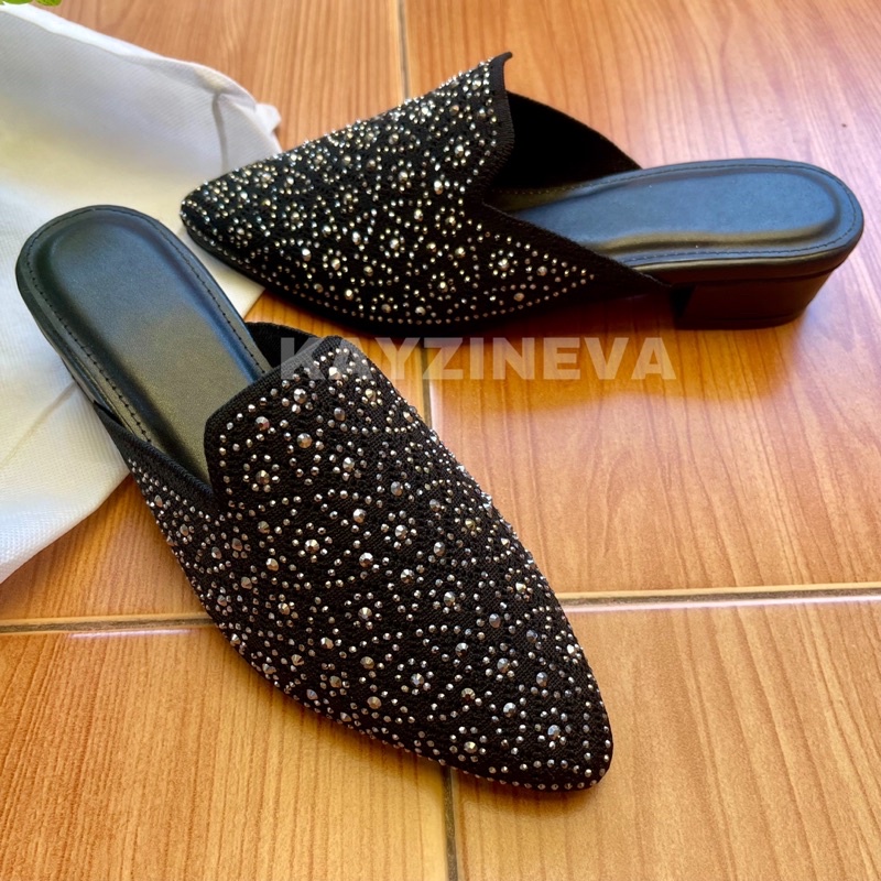 KAYZINEVA Sepatu Sandal Wanita Mules Motif Payet Rajut Premium