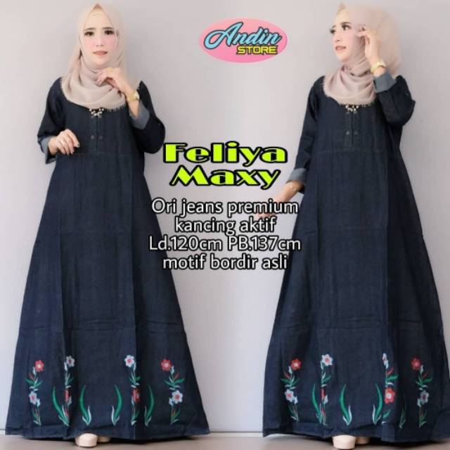 PROMO//FELIA GAMIS JEANS JUMBO WASH  IMPORT KOMBINASI BORDIR BUNGA LD 120/GAMIS JUMBO WANITA TERBARU