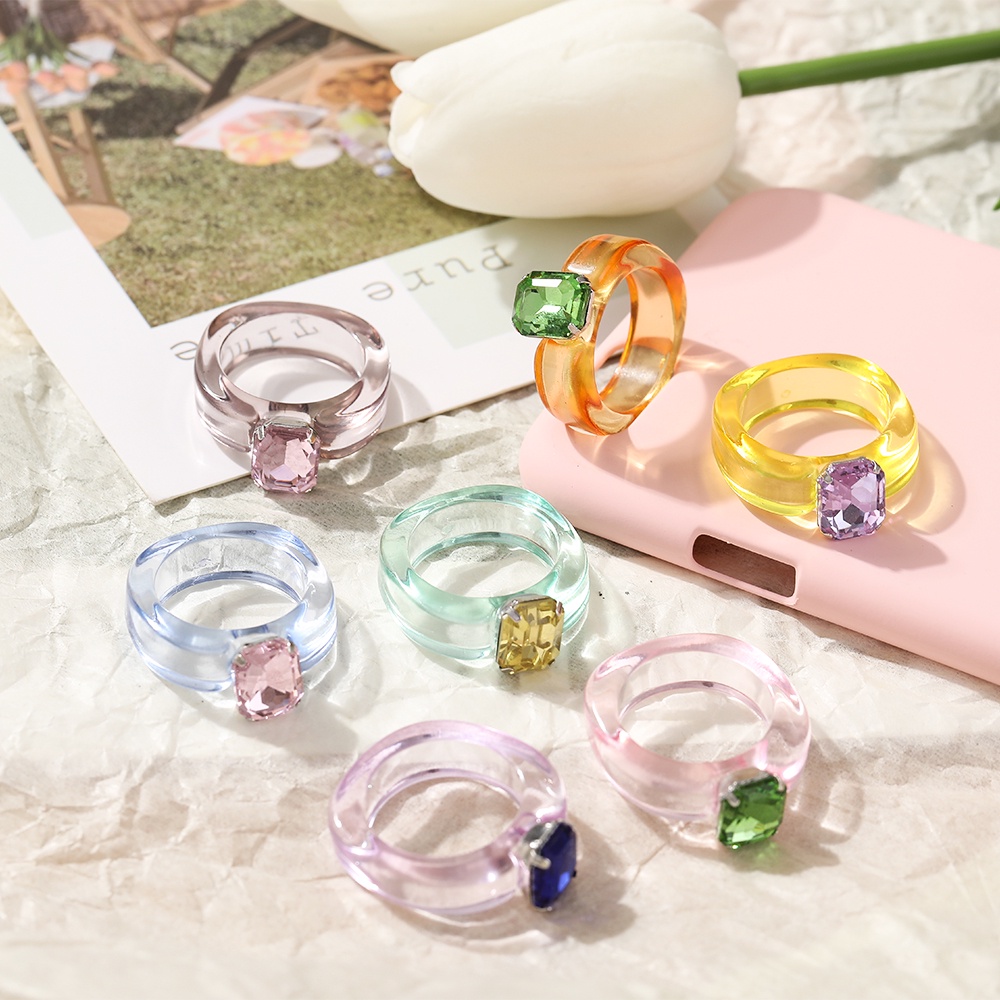 YEEZII Korean Colorful Transparent Rings Acrylic Square Rhinestone Fashion Finger Ring Women Jewelry Accessories