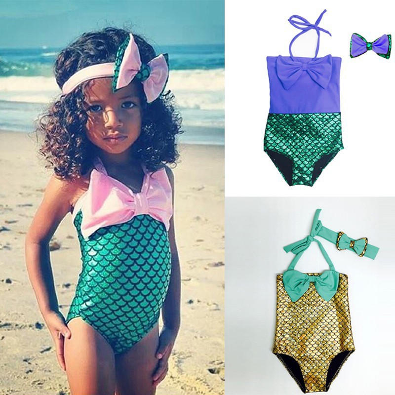 Baju Renang Anak Set One Piece Desain Little Mermaid Model Halterbandana