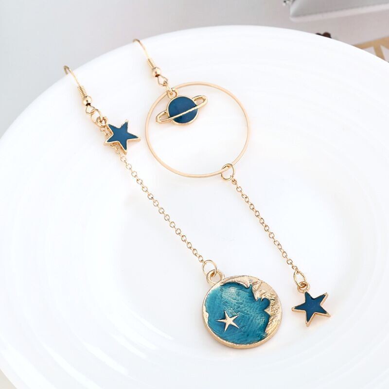 Anting Gadis Jepang dan Korea berbintang biru planet anting-anting panjang kecil segar