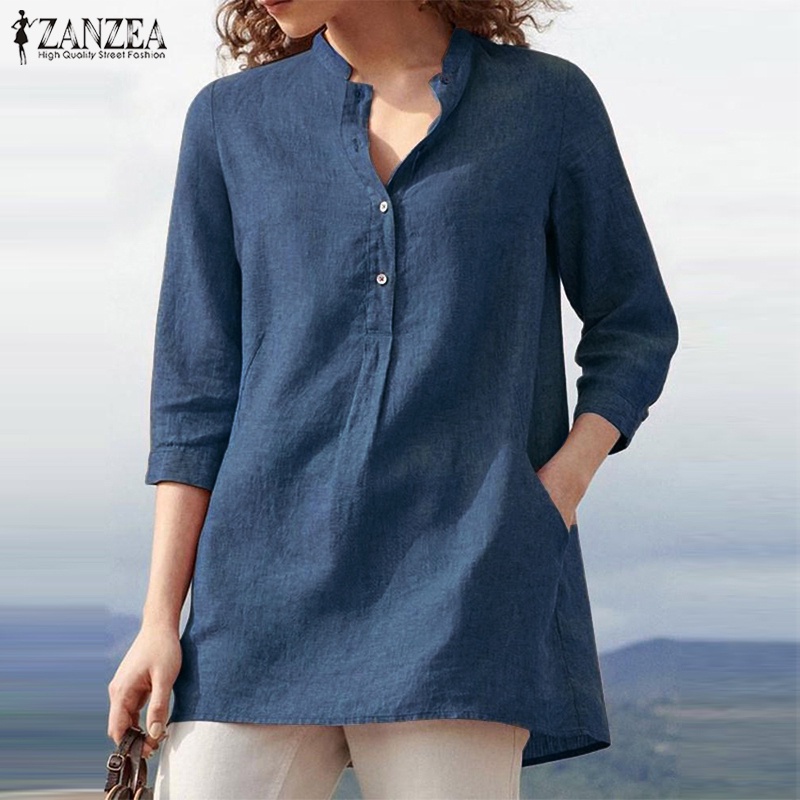 ZANZEA Womens 3/4 Sleeve V Neck Button Down Casual Loose Blouse