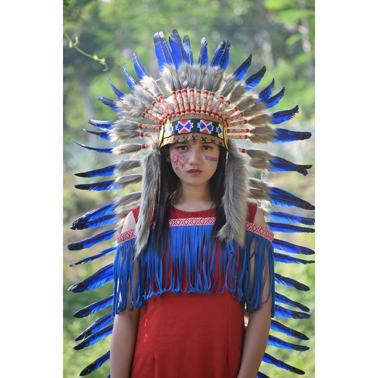 TOPI INDIAN-INDIAN HEADDRESS MEDIUM ANGSA MONTE BIRU FUR HITAM