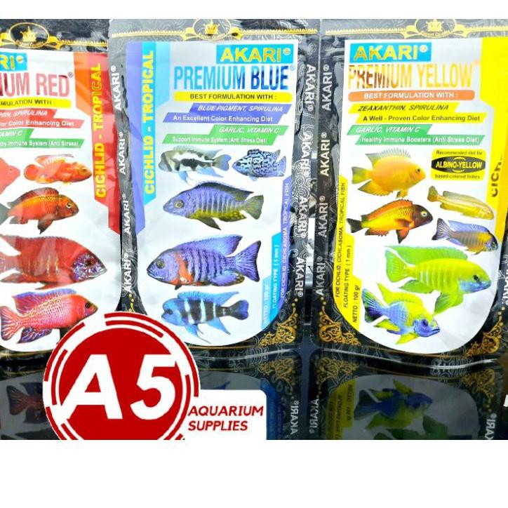 

(Terbaik) Makanan ikan AKARI PREMIUM RED BLUE YELLOW CHICLID 100GR
