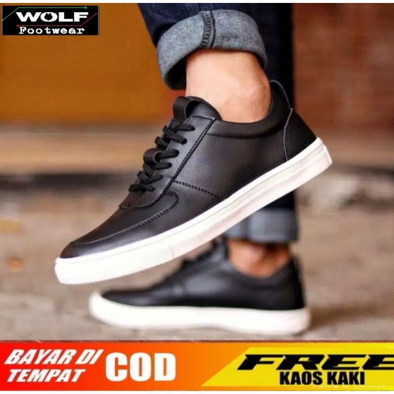 REGAN BLACK |WOLF x HEROES| Sepatu Casual Sneakers Kasual Polos Ori Kulit Faux Pria Cowok Leather